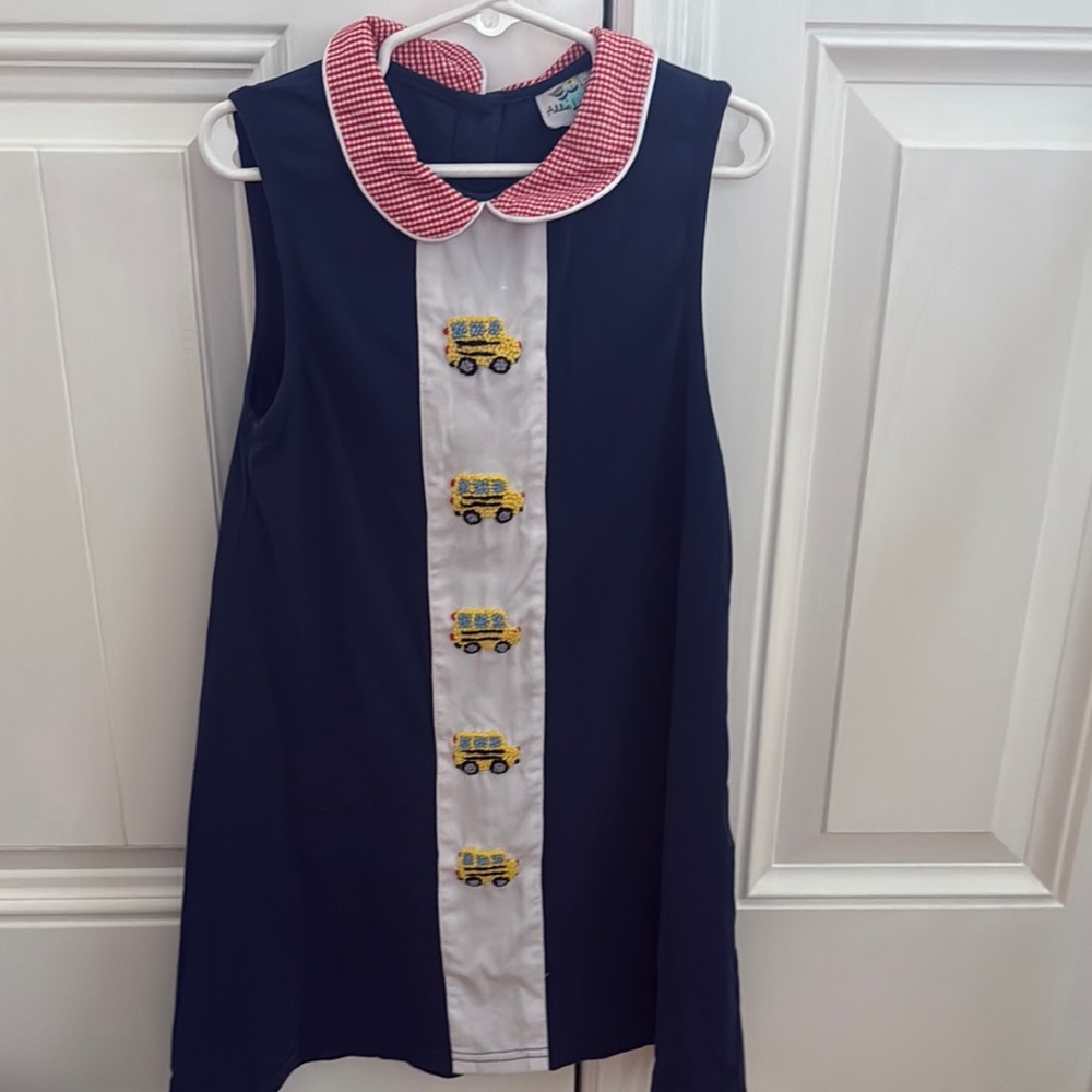 Navy Dress with Red Collar and School Bus Accents- size 5